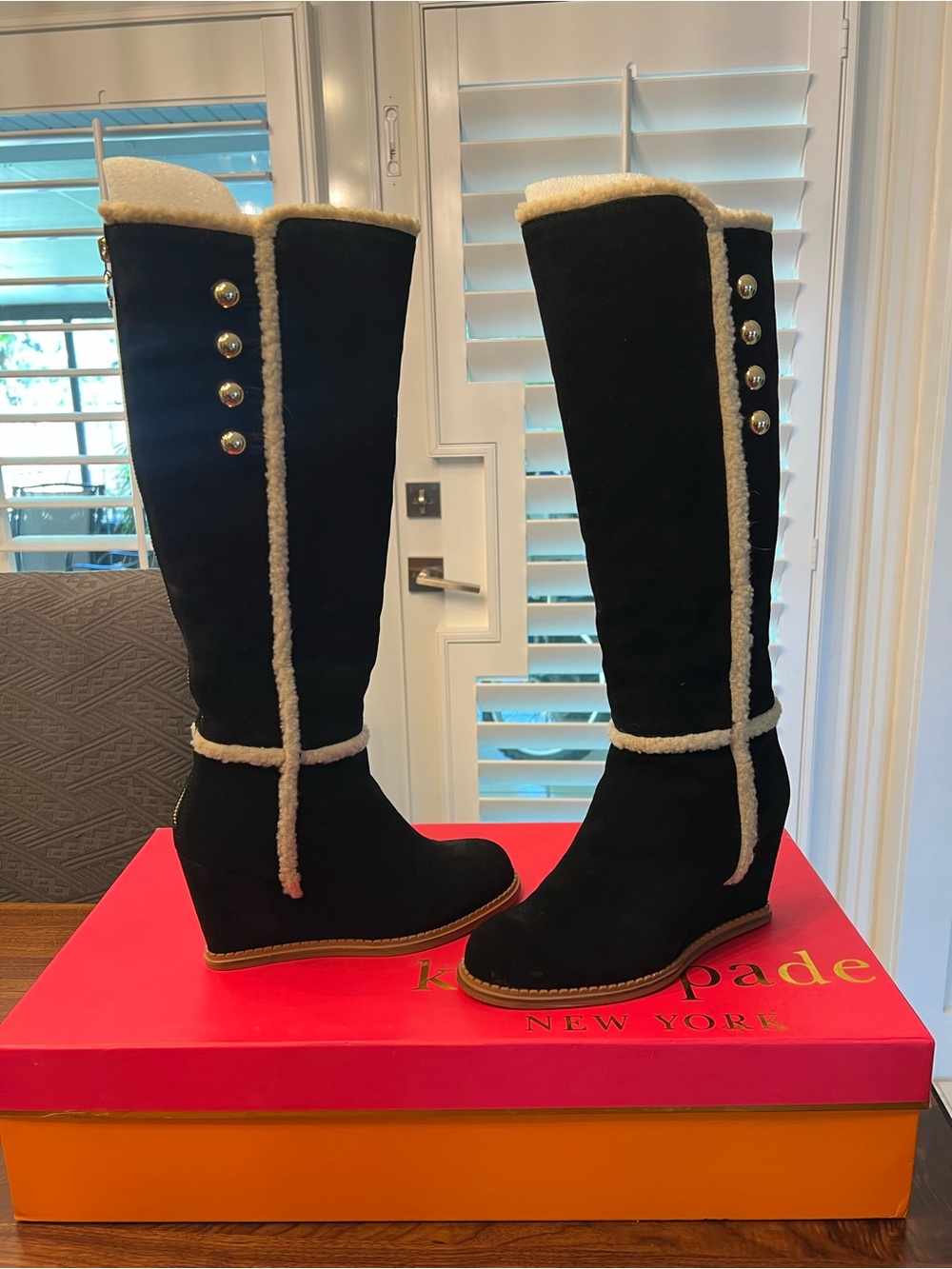 kate spade Black Suede Wedge Knee Boots with Cream Shearling Trim